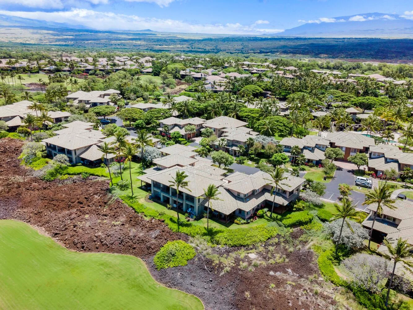 Vista aérea de una comunidad residencial con viviendas, vegetación y un campo de golf.