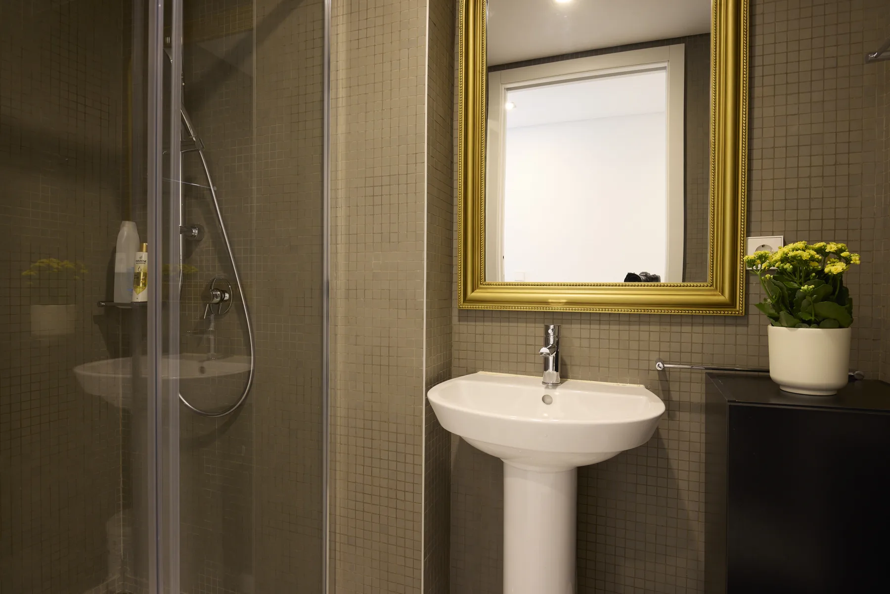 A bathroom with a pedestal sink, a mirror, and a glass shower.