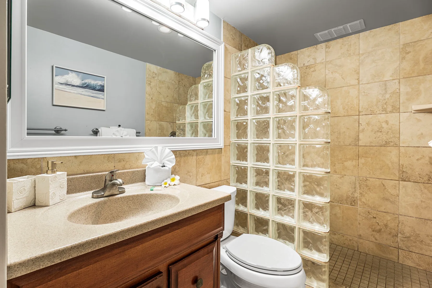 Un baño alicatado con lavabo, espejo y tabique de bloques de vidrio.