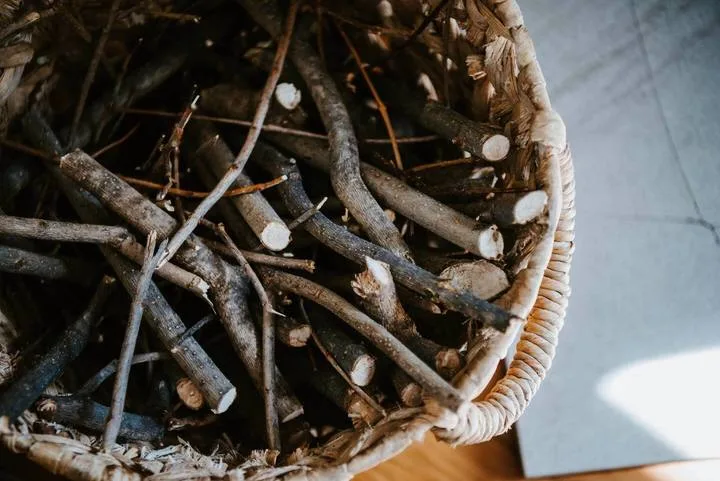 A woven basket filled with cut branches rests beside a gray surface.