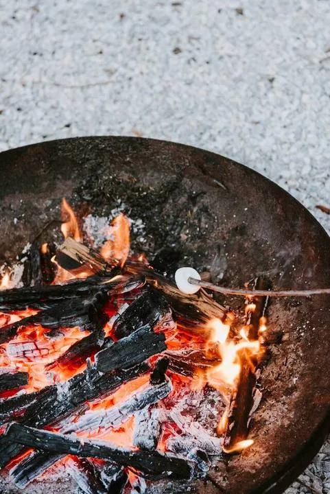 A fire burns among charred logs in a circular metal fire pit.