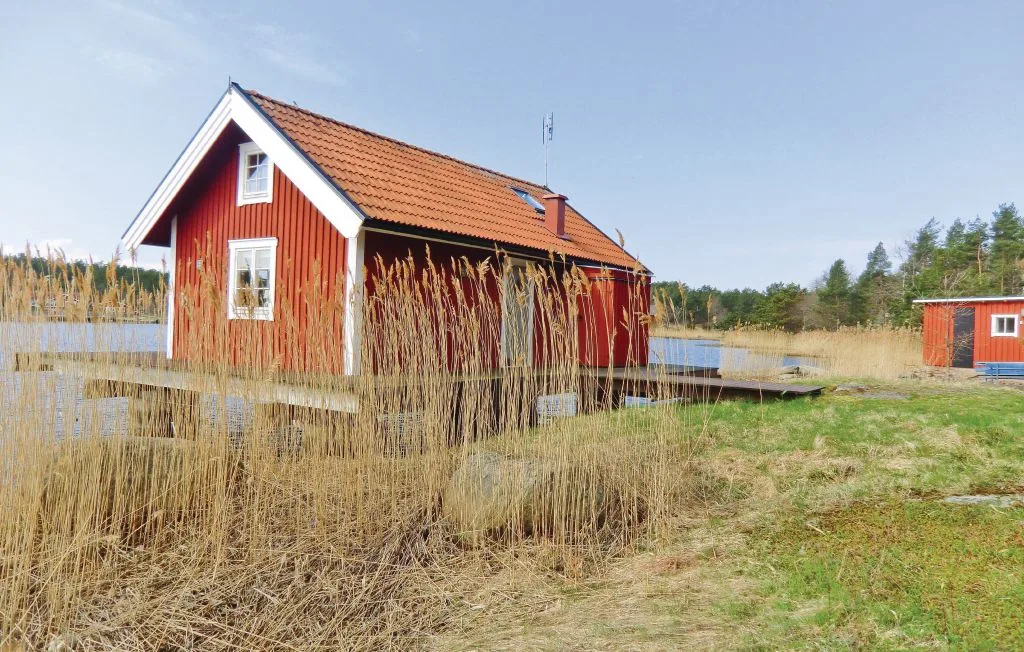 Una casa roja de madera está junto a un lago, rodeada de hierbas altas.