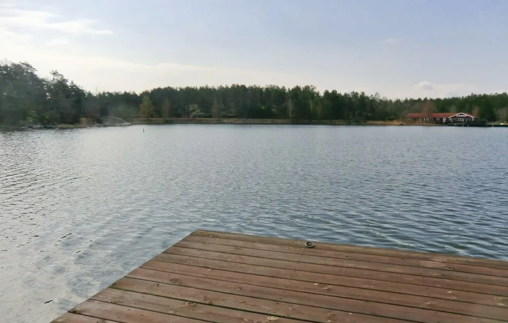 Un muelle de madera se extiende sobre un lago, con una orilla arbolada a lo lejos.