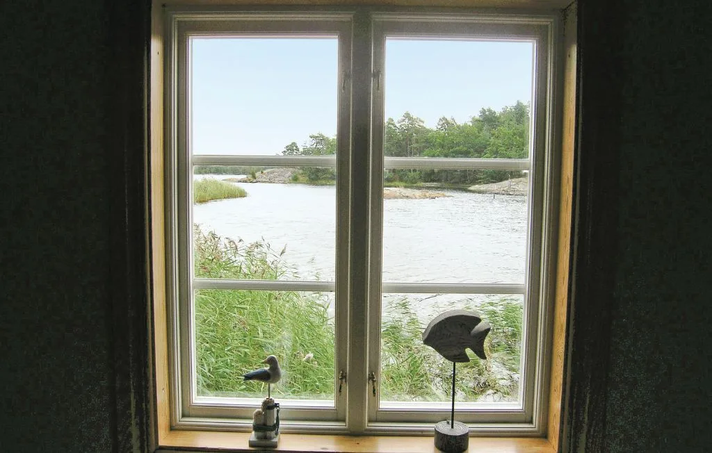 Una ventana da a un río con juncos en las orillas.