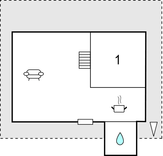 Un plano sencillo muestra una zona de estar, una habitación y un baño.