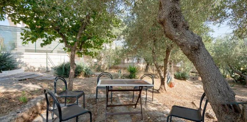 An outdoor seating area with a table and chairs beneath leafy trees.