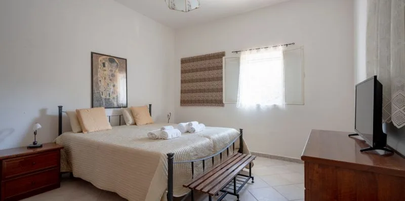 A bedroom with a made bed, bedside tables, and a television.