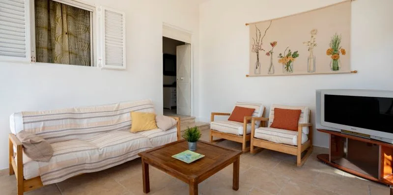 A living room with cushioned seating, a wooden coffee table, and a television.