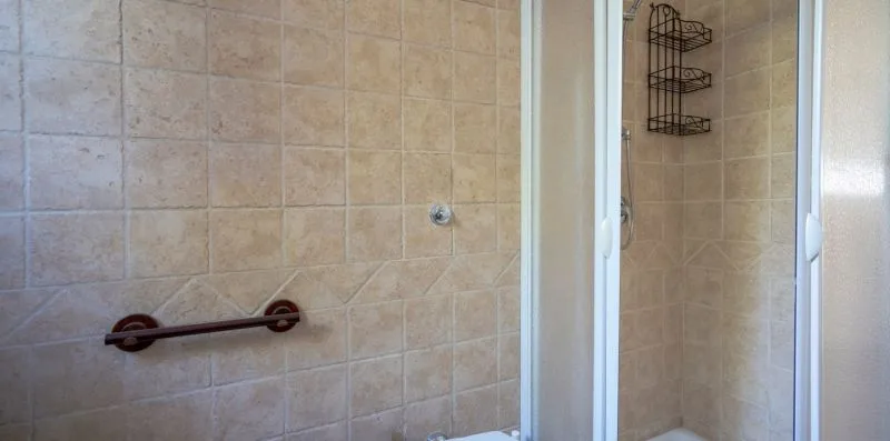A tiled bathroom shower with a wall-mounted grab bar.