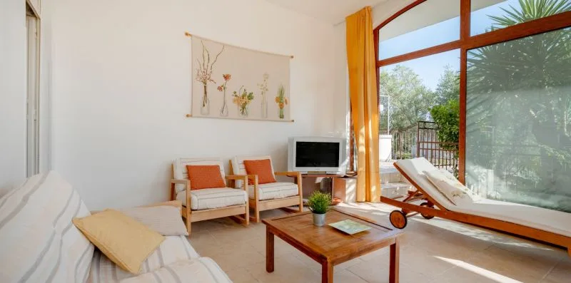 A bright living room with seating, a coffee table, and large windows opening onto greenery.