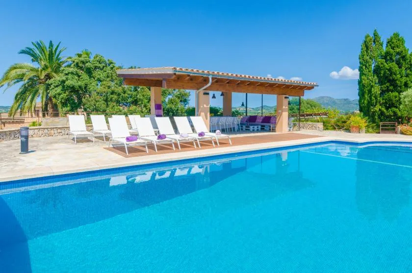 An outdoor swimming pool beside a shaded seating area and lounge chairs.