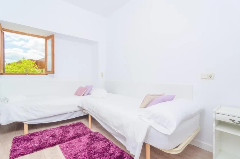 A bright bedroom with two beds and a magenta rug.