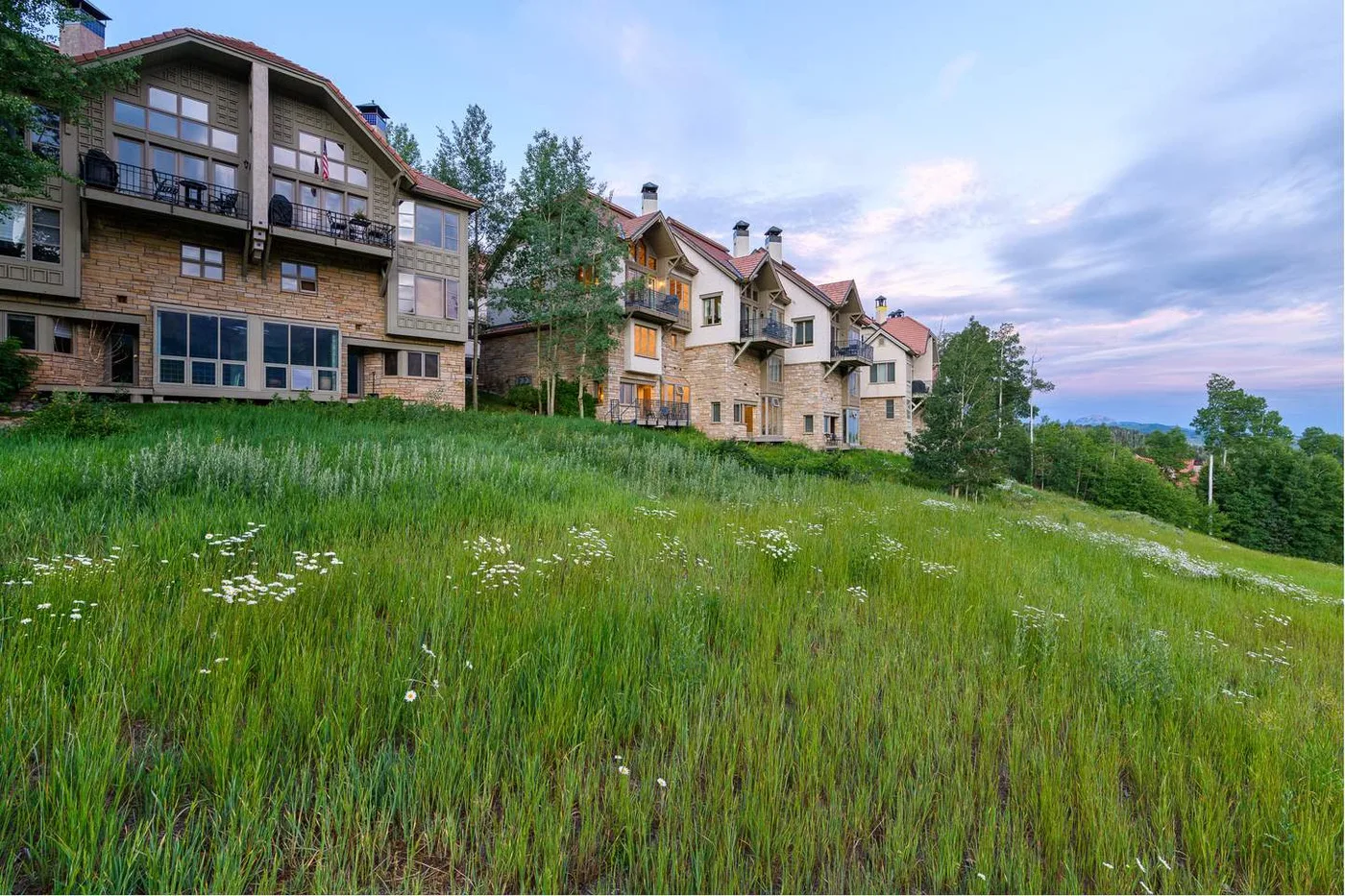 A row of buildings stands above a grassy hillside beneath a cloudy sky.