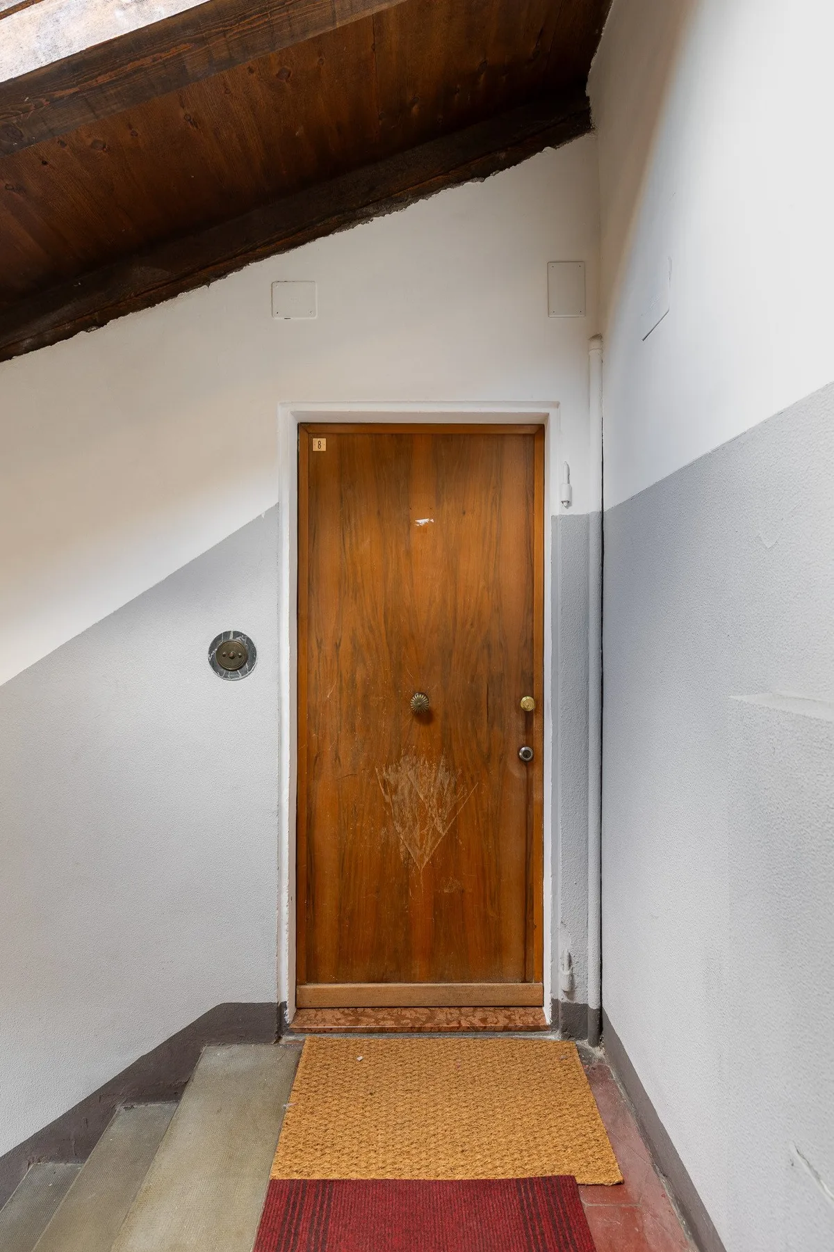 Un pasillo de entrada estrecho con una puerta de madera y una alfombra tejida en el suelo.