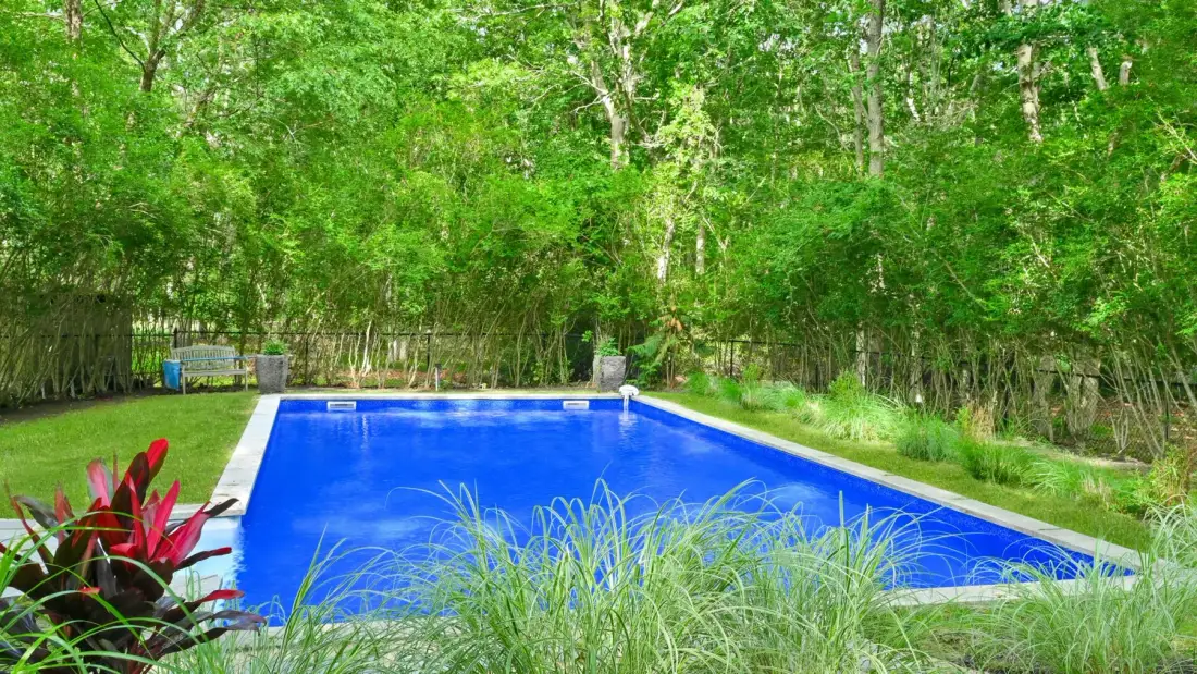 A blue swimming pool sits among trees and greenery.