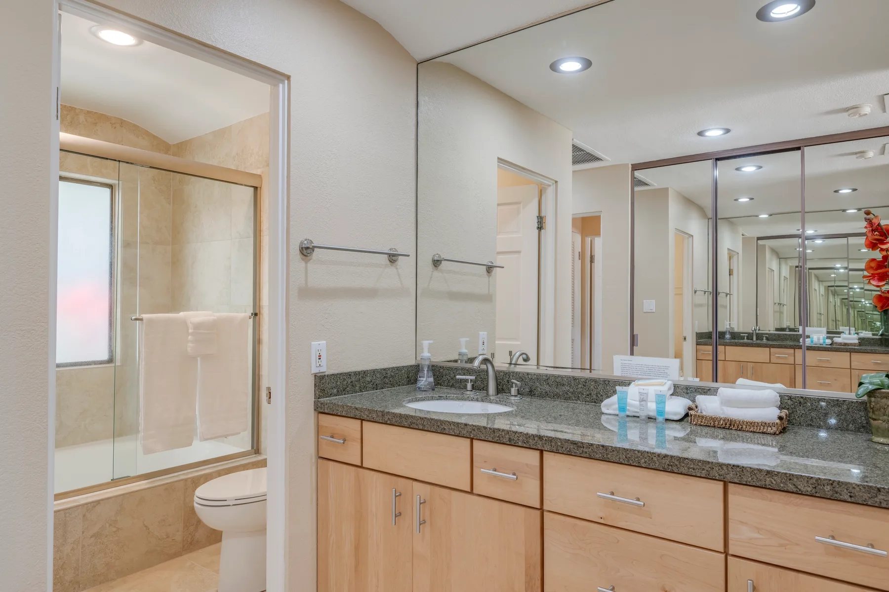 Un lavabo de baño con espejo junto a una ducha con mampara de vidrio.