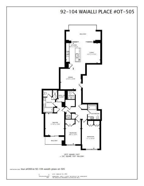 Un plano en blanco y negro de un apartamento muestra habitaciones, baños y un balcón.