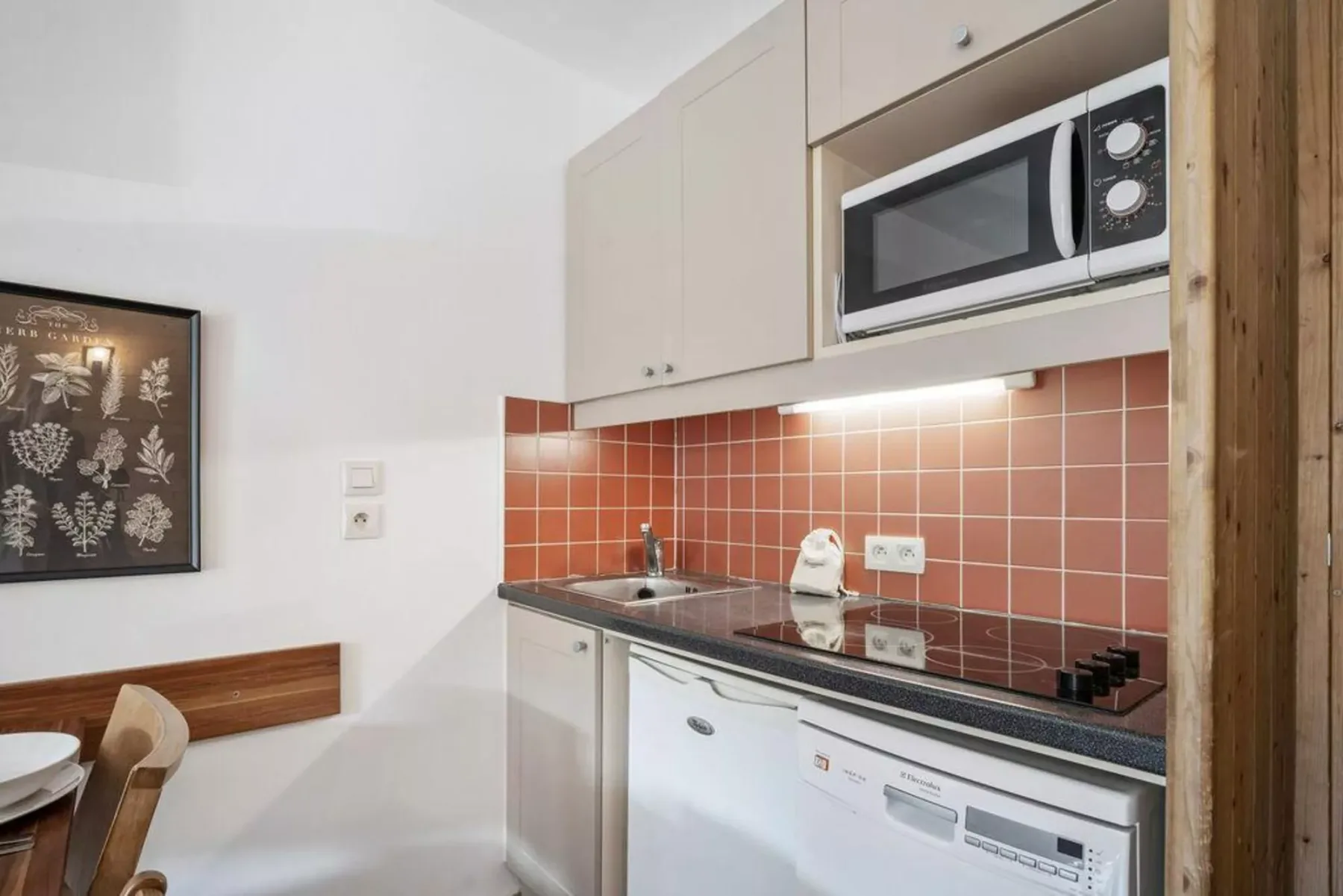 Una cocina compacta con placa de cocción, fregadero y microondas sobre la encimera.