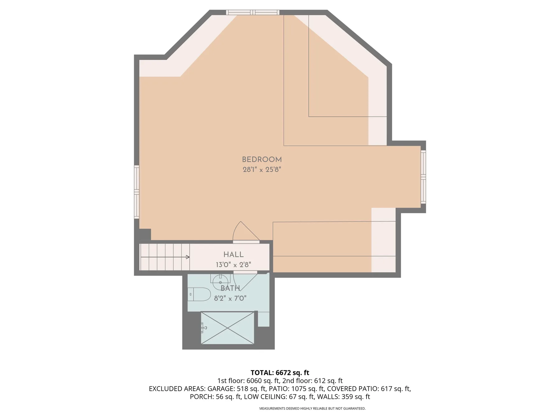 A floor plan shows a bedroom, hall, and bath.