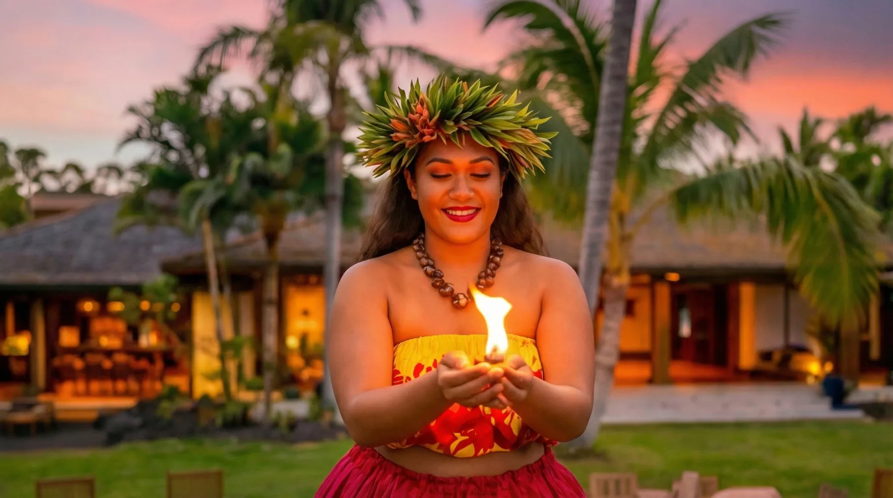 A woman in a floral crown holds a lit candle outdoors at sunset.