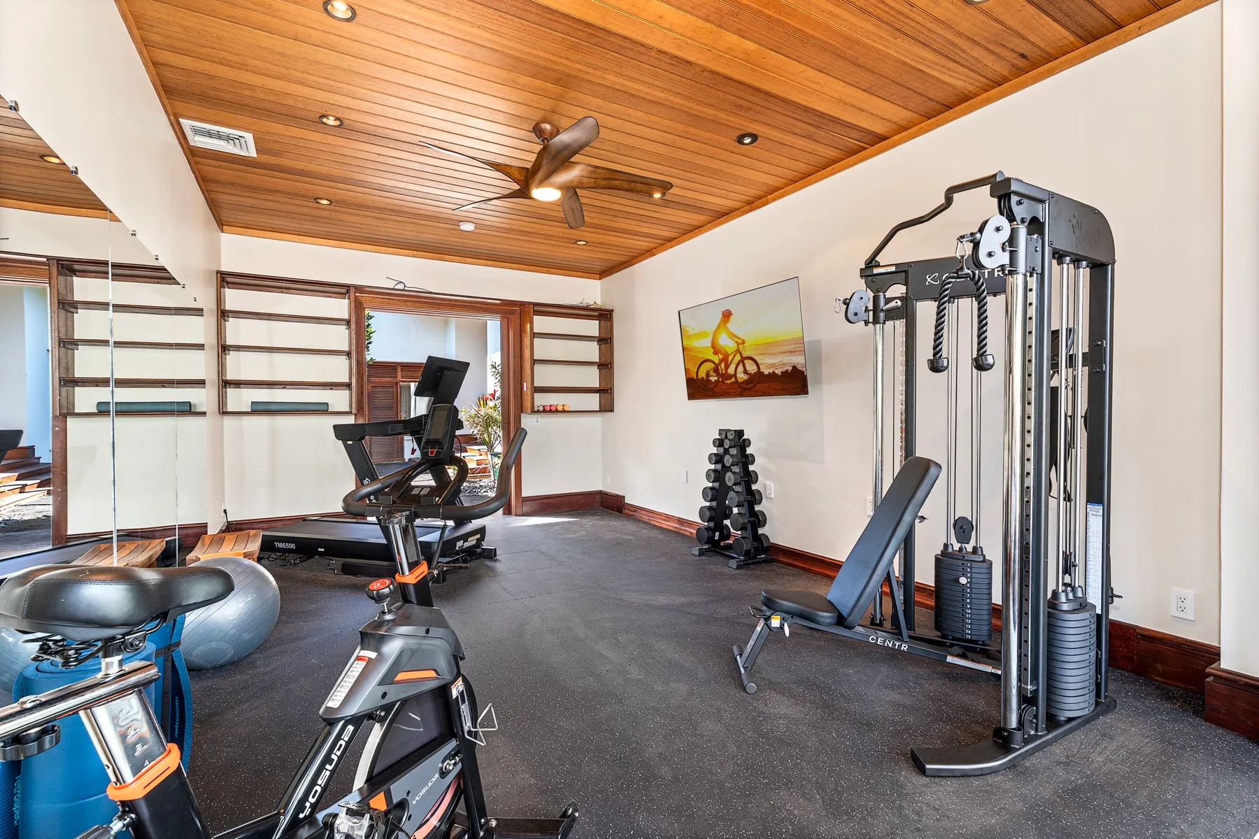 A home gym with exercise bikes, weights, and a cable machine.