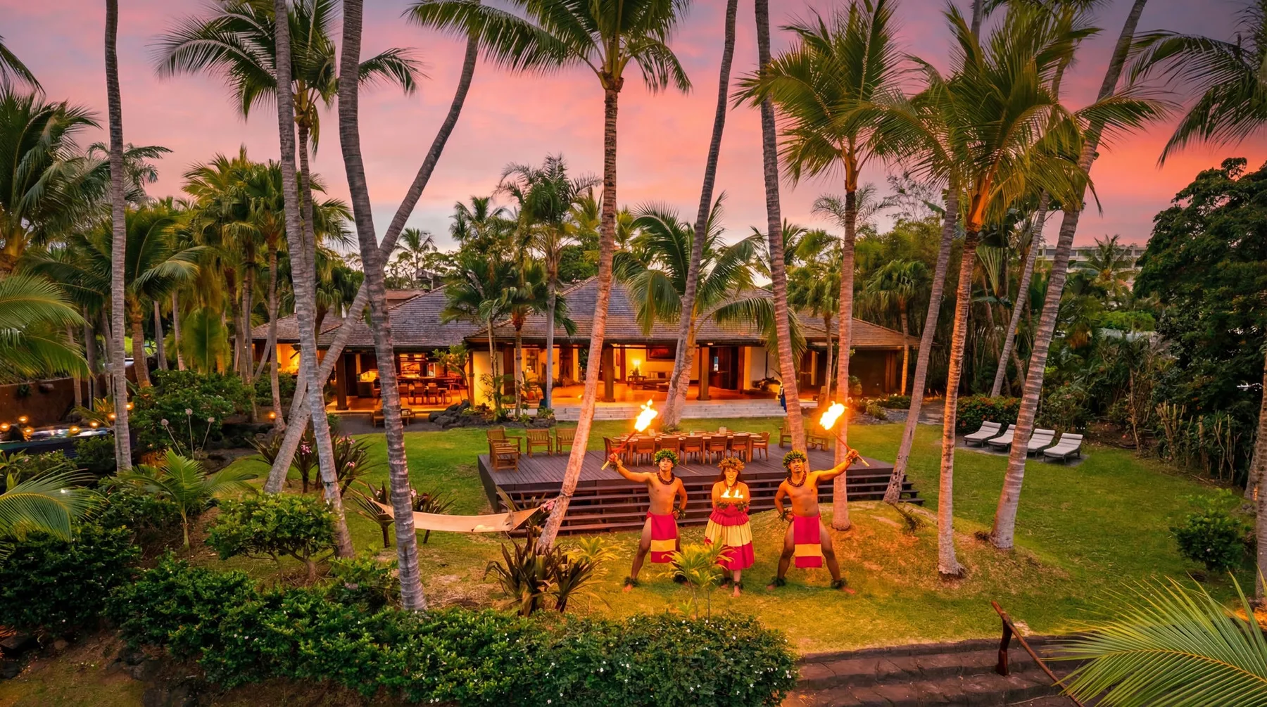 A tropical resort building glows at dusk among palms, with a fire performance in front.