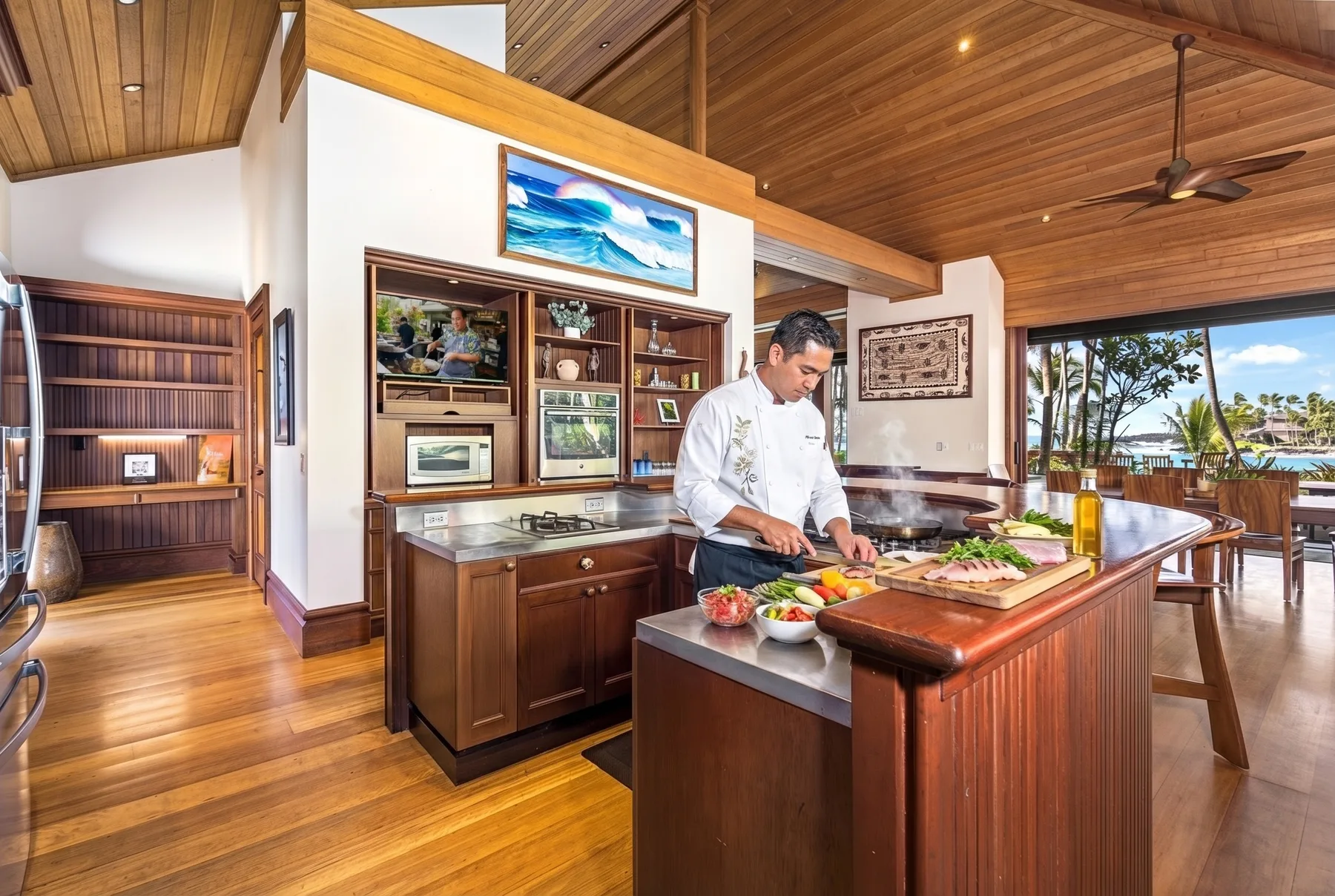 A spacious kitchen with a central island and a person preparing food.