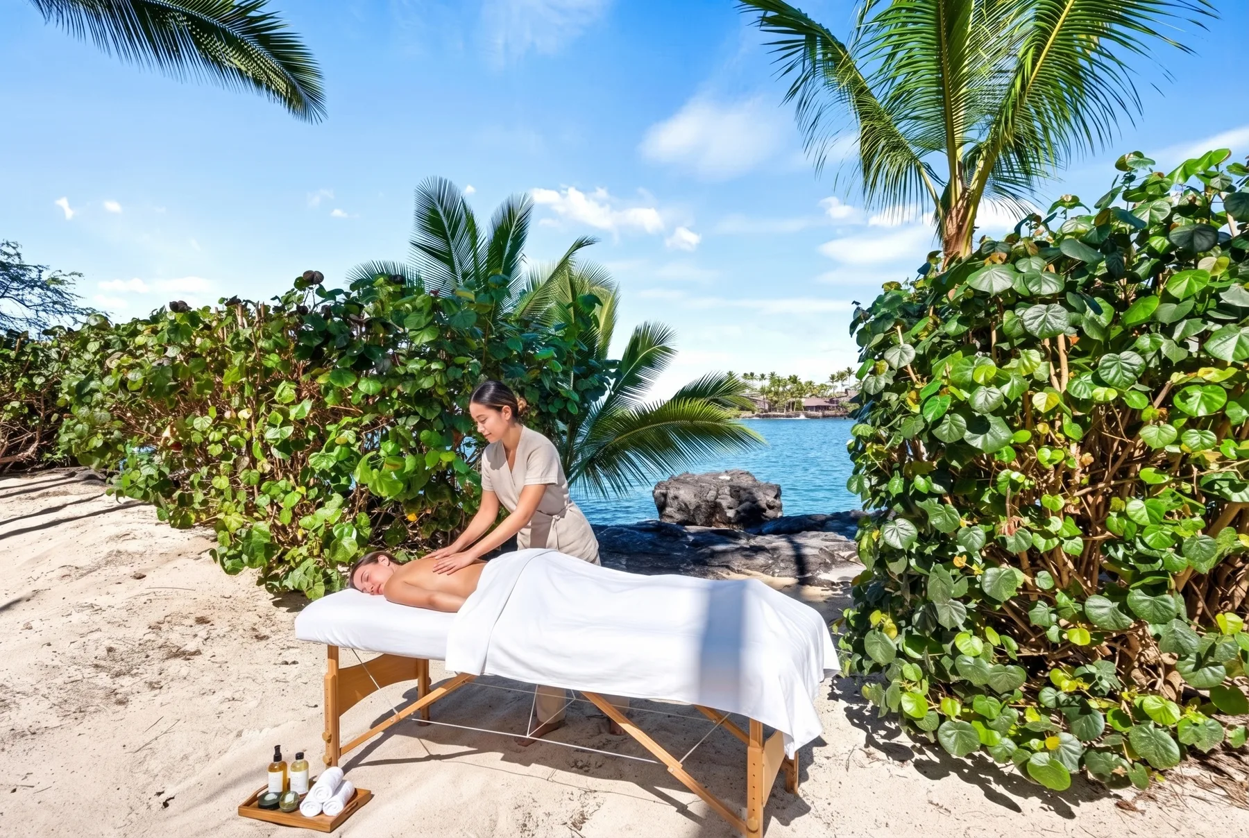 A beachside massage table is set among tropical greenery beside the water.