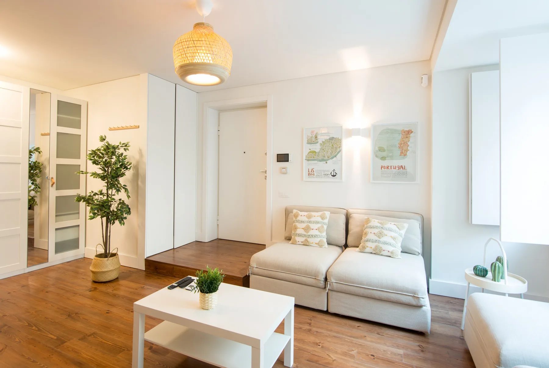 A bright living room with a sofa, coffee table, and potted plant.
