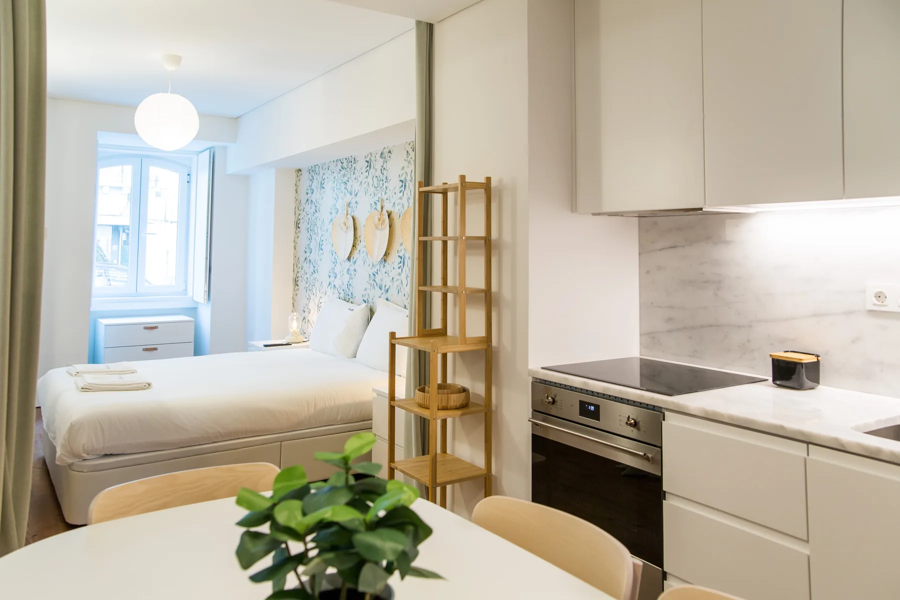 A bedroom and kitchen share a bright open space, with a bed beside the counter.