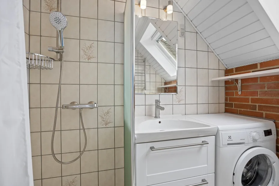 A bathroom with a shower, sink vanity, and washing machine.