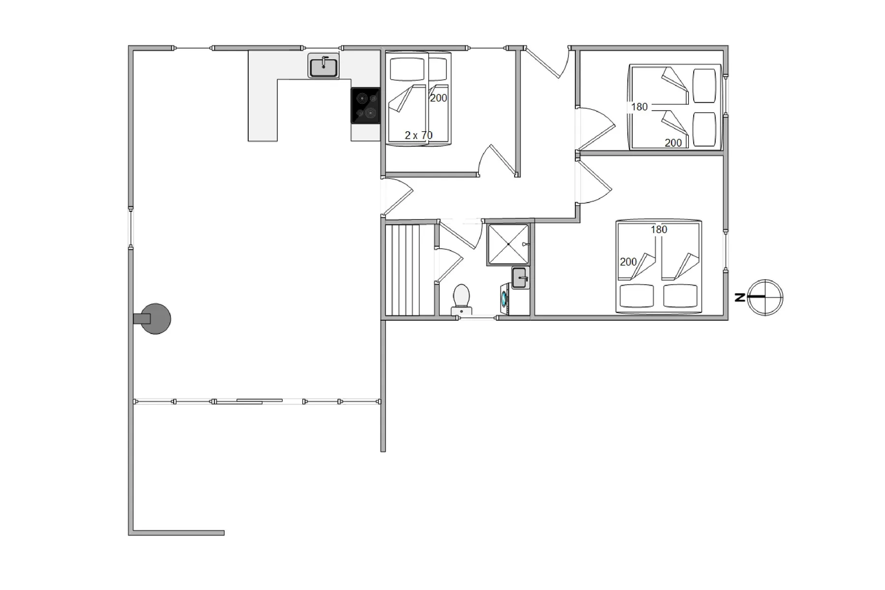 A house floor plan shows a large open room, a kitchen area, and several smaller rooms.