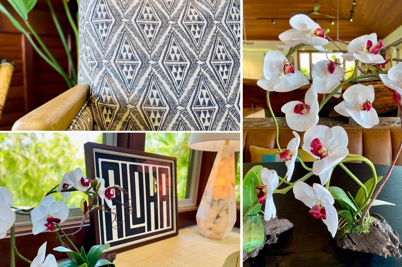 Un collage muestra orquídeas blancas junto a una tela estampada y una obra enmarcada.