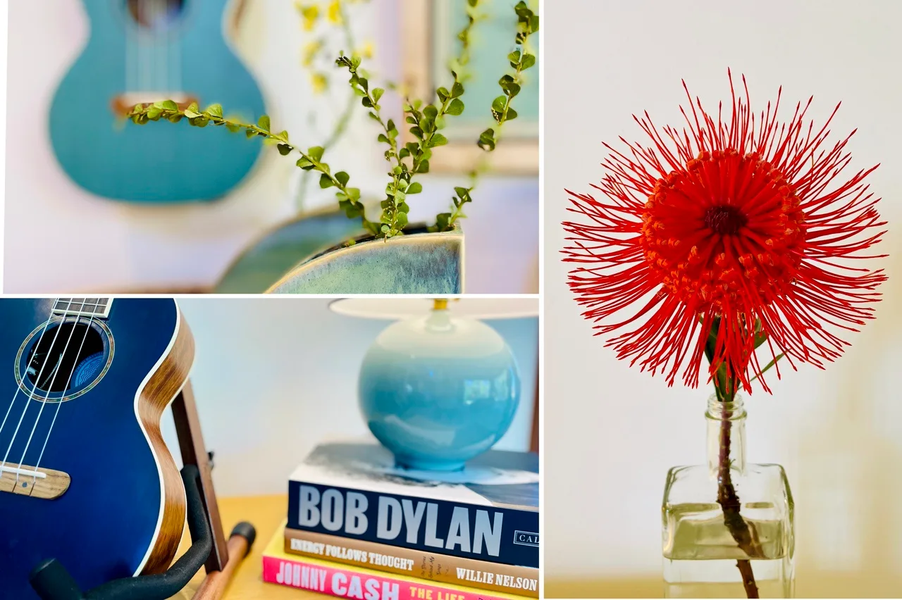 Una flor roja en un jarrón de vidrio junto a una guitarra azul y libros apilados.