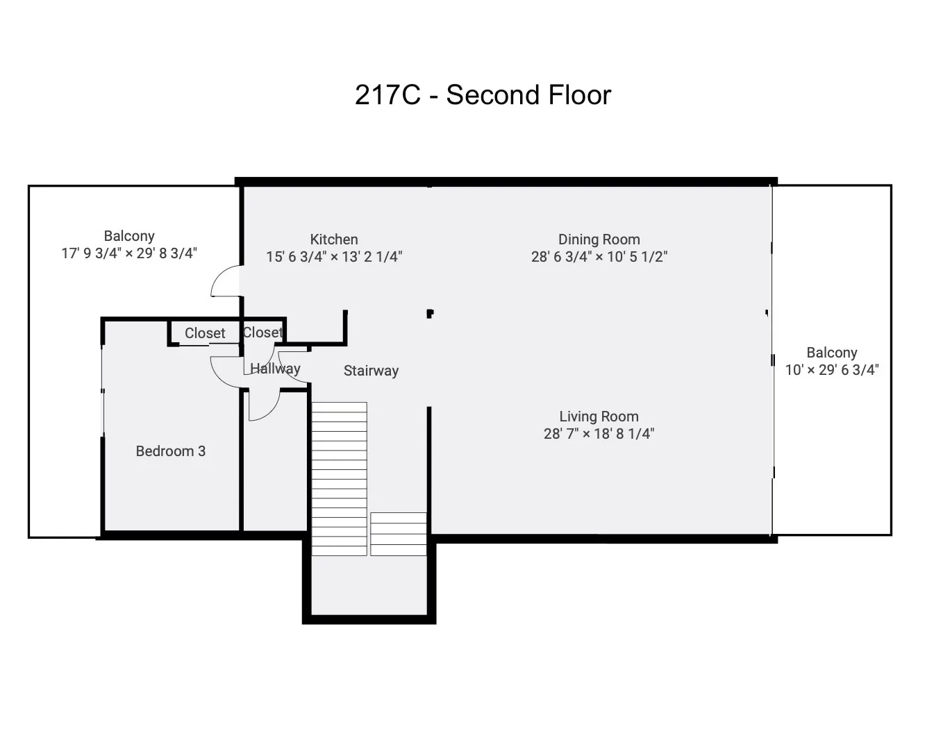 Un plano del segundo piso muestra cocina, comedor, sala de estar, dormitorio y balcones.