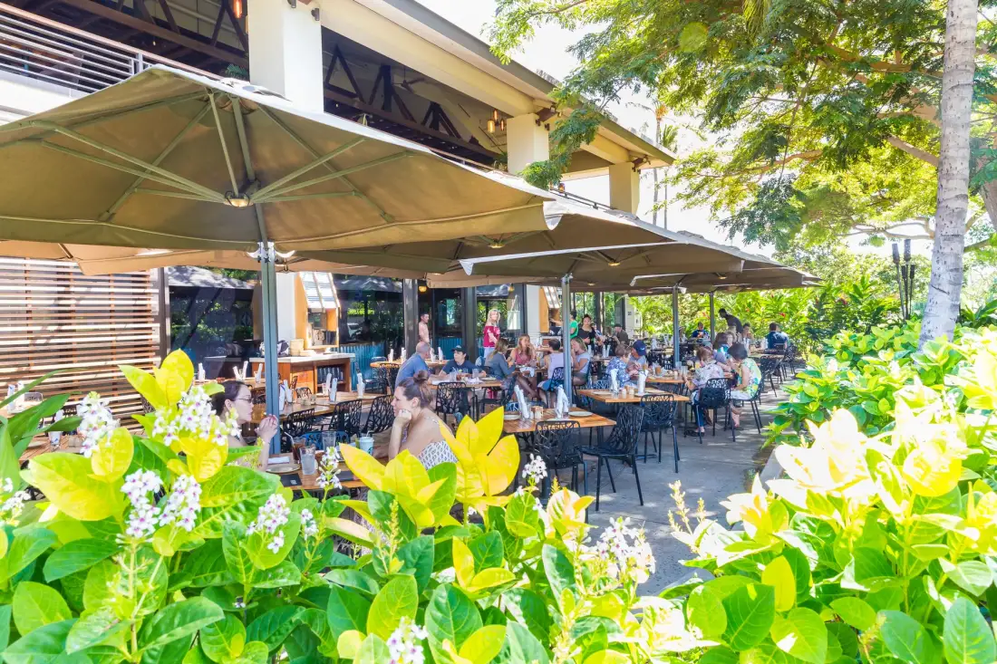 Outdoor dining area with tables beneath large umbrellas, surrounded by leafy plants.