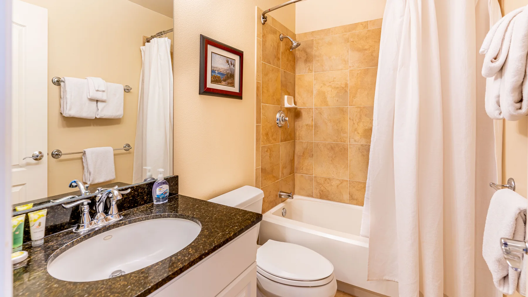 A bathroom with a sink, toilet, and bathtub behind a shower curtain.