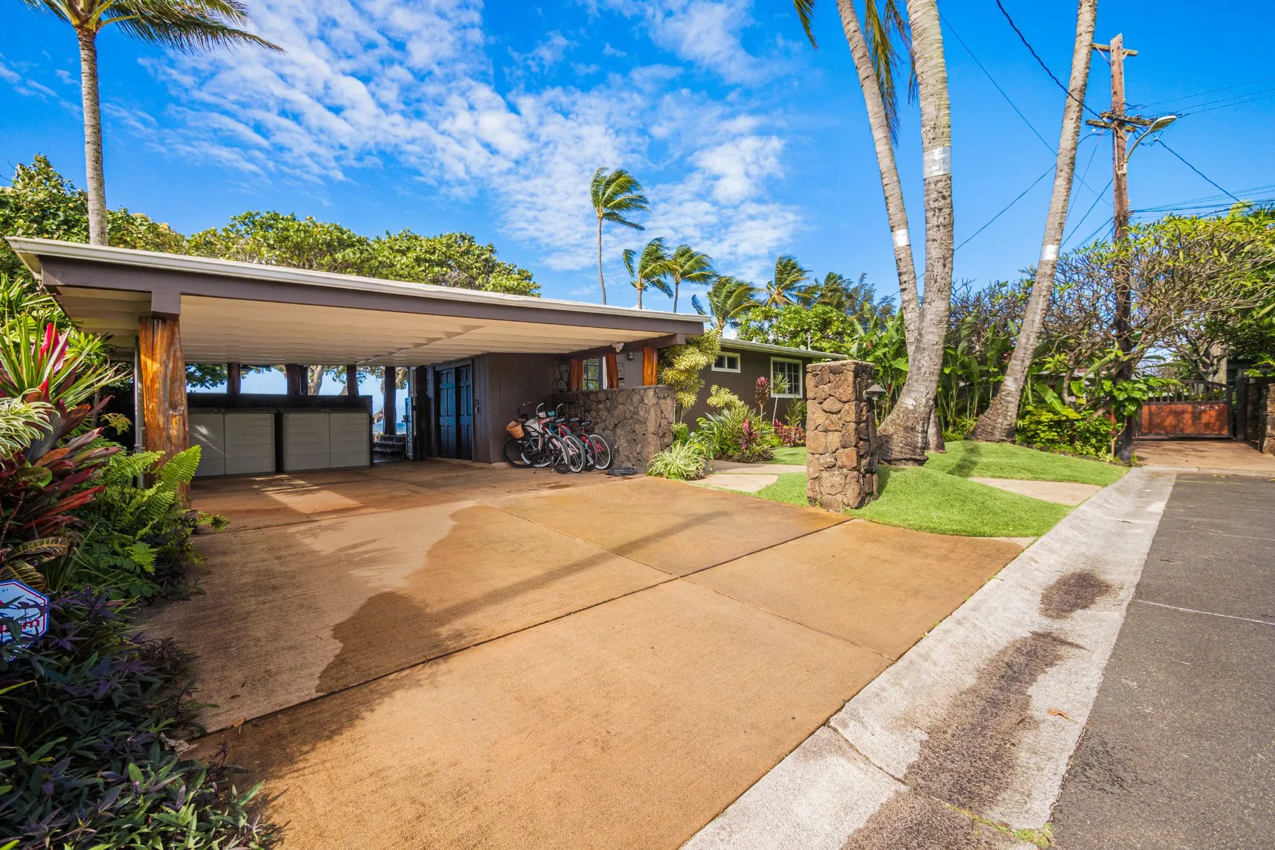 A house entrance and driveway bordered by tropical plants and palm trees.