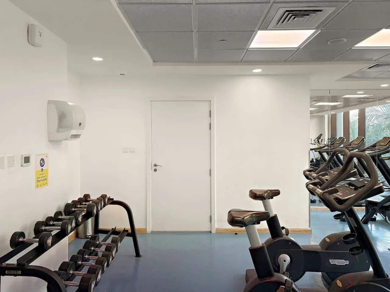 A gym with weight racks and stationary exercise bikes.