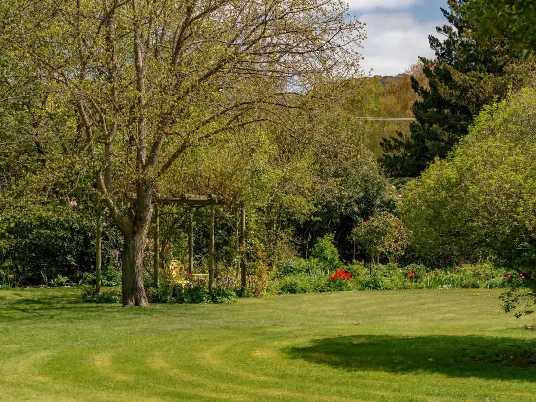 Un jardín con una pérgola de madera, césped, árboles y arbustos en flor.