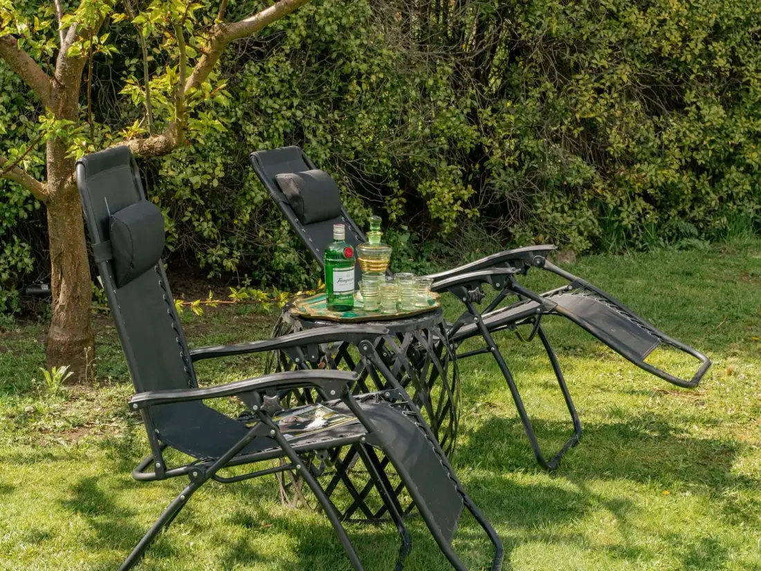 Asientos al aire libre sobre el césped, con una mesa pequeña y vegetación al fondo.
