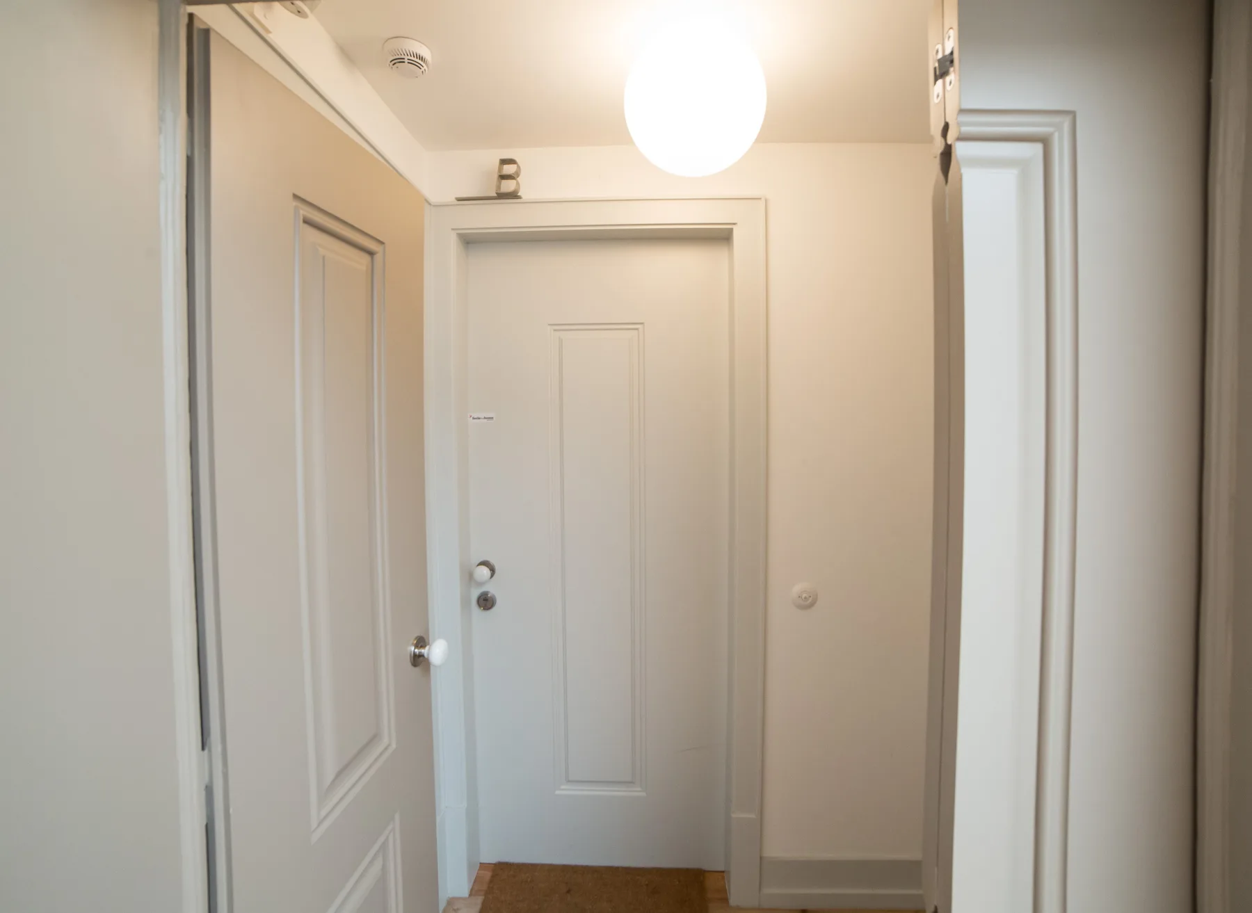 A hallway with paneled doors and a ceiling light.