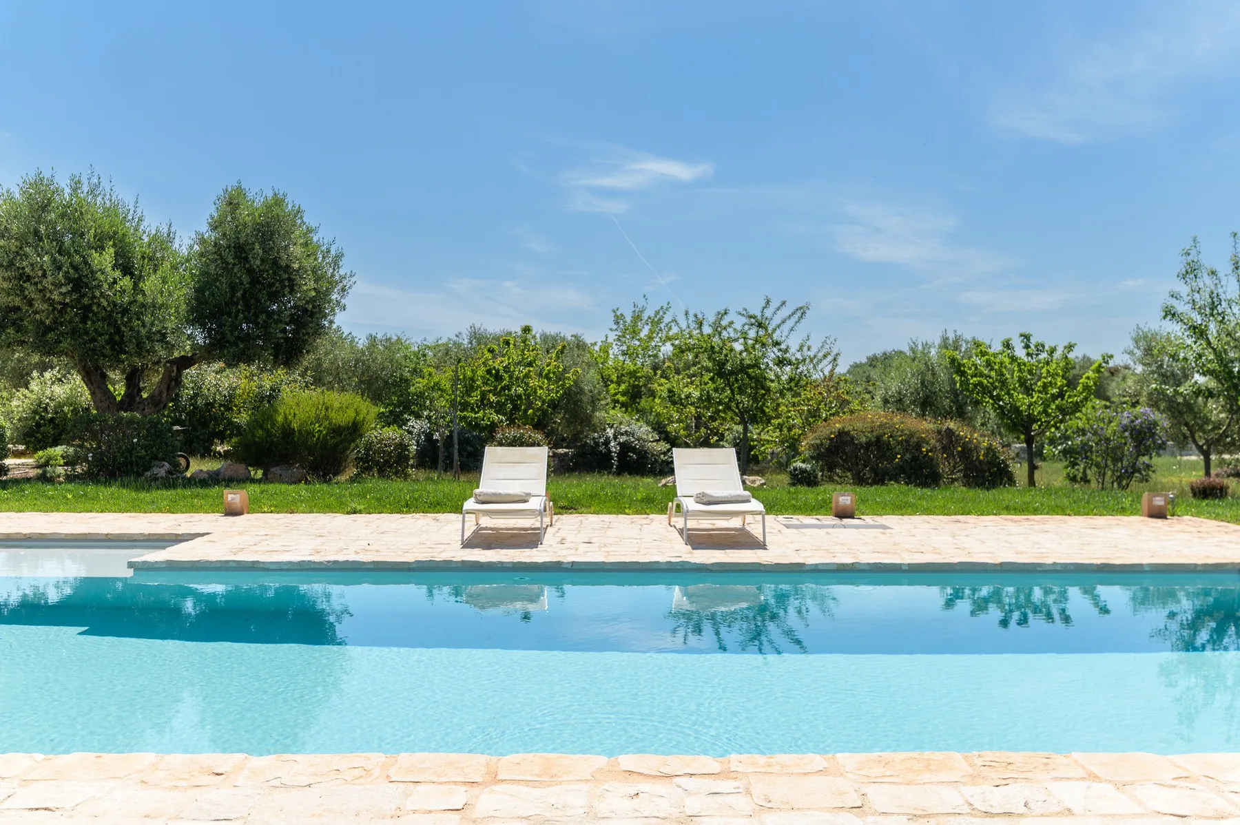 Una piscina junto a una terraza pavimentada, asientos reclinables y vegetación.