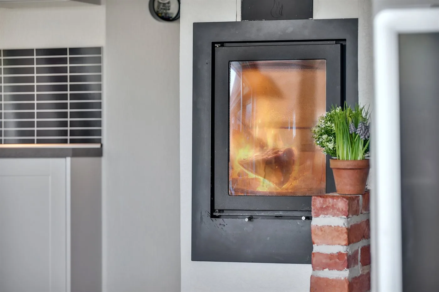 A fireplace with a glass-fronted fire and a potted plant beside it.