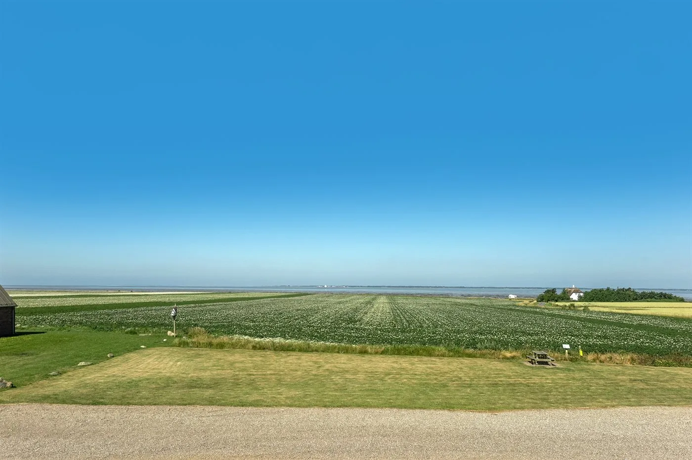 A broad field stretches toward the distant coastline beneath a clear blue sky.