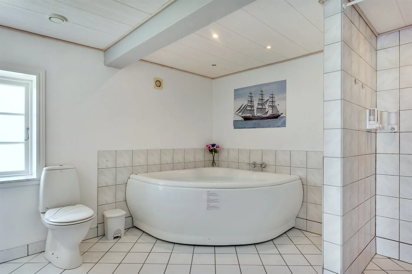 A bathroom with a large bathtub and a toilet beside it.