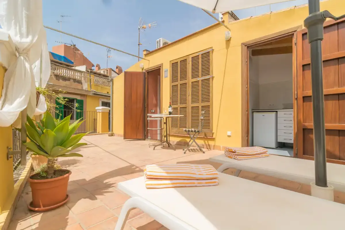 A sunny terrace with lounge chairs, potted plants, and open wooden shutters.