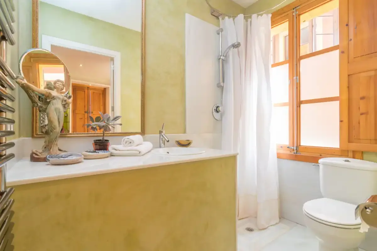 A bathroom with a sink counter, shower curtain, and wooden-framed window.