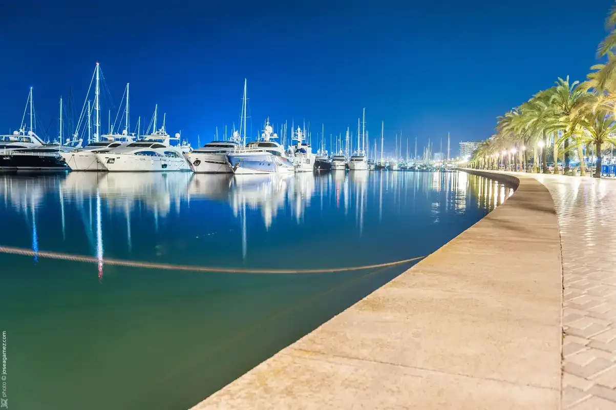 A marina promenade curves beside calm water and moored yachts.