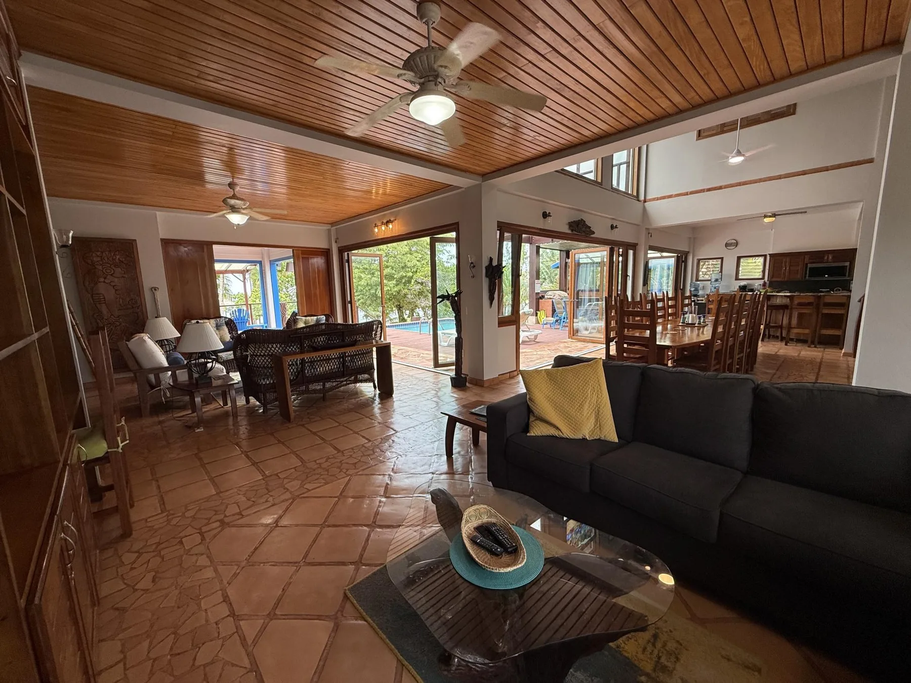 An open living and dining area with dark seating and large windows.